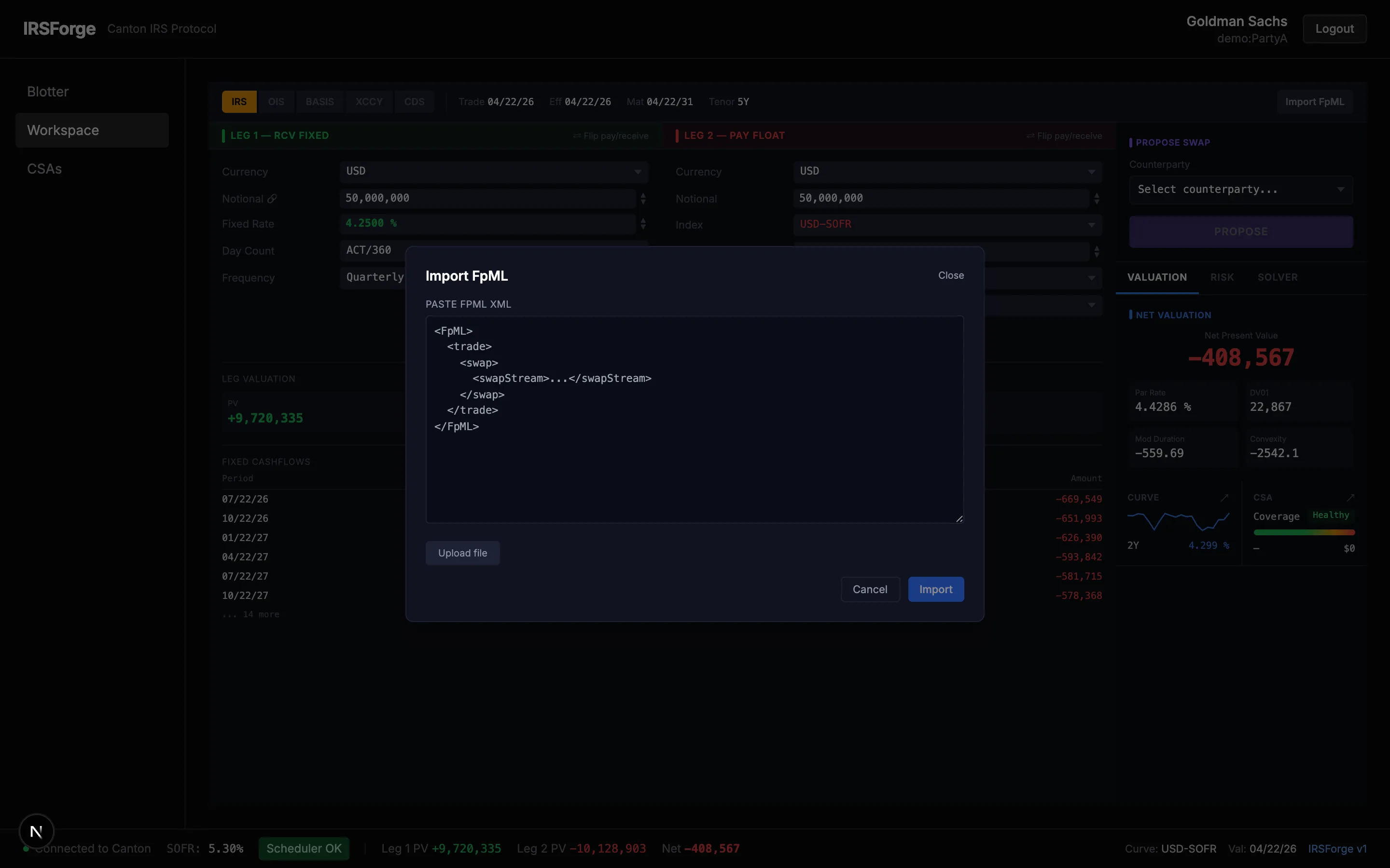 FpML import modal